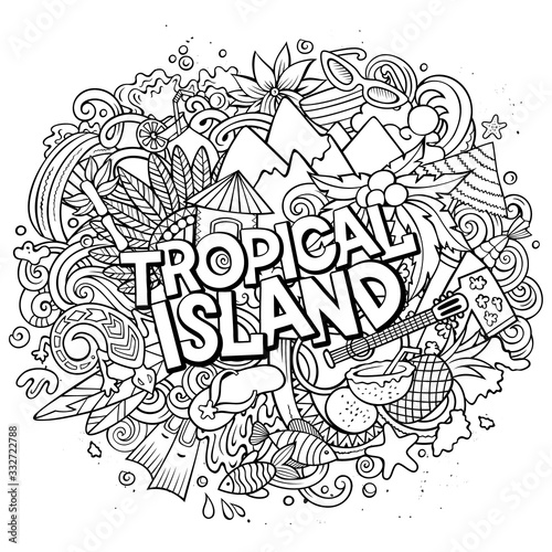 Tropical paradise hand drawn cartoon doodles illustration. Funny seasonal design
