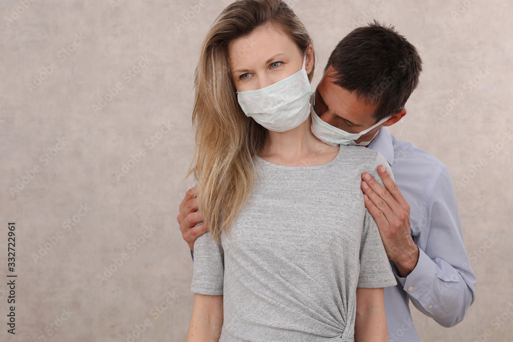 Coronavirus Protection routine, Prevention. Couple in love wearing hygienic medical mask. Self-isolation , Quarantine