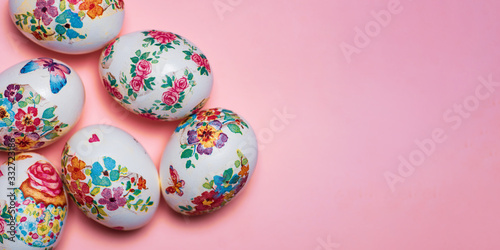 Decoupage decorated Easter eggs with flower pattern