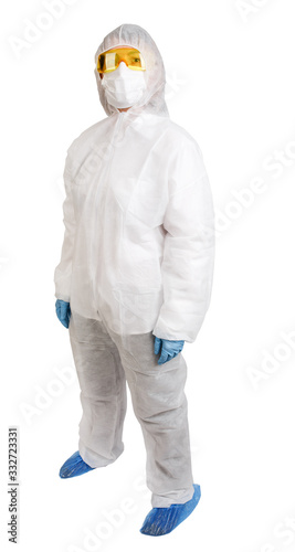 Doctor woman in anti-epidemic suit isolated on white © bartoshd