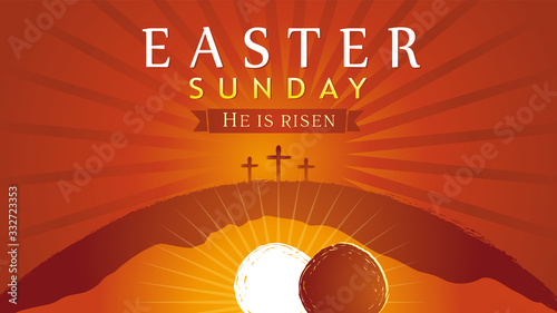 Easter Sunday - He is risen, tomb and three crosses, sunrise card. Easter, holy week invitation for service with typography on sun beams background. Cross, Calvary and text. Vector illustration