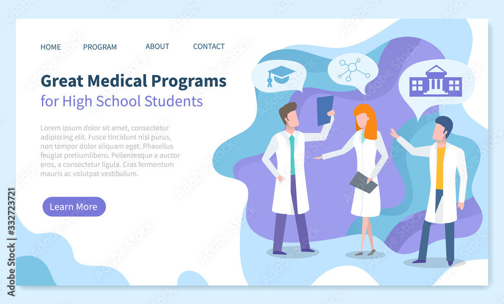 Medical program for high school students web landing page template vector. Healthcare industry, doctors team, men and woman in white hospital robes. Scientists preparing college homepage illustration