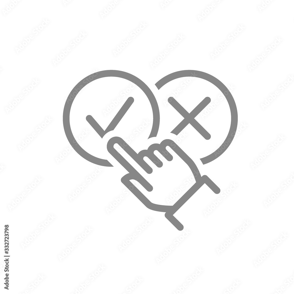 Hand chooses between tick and cross checkmarks line icon. Approved, rejected, correct, incorrect symbol Hand chooses between tick and cross checkmarks line icon. Approved, rejected, correct, incorrect symbol