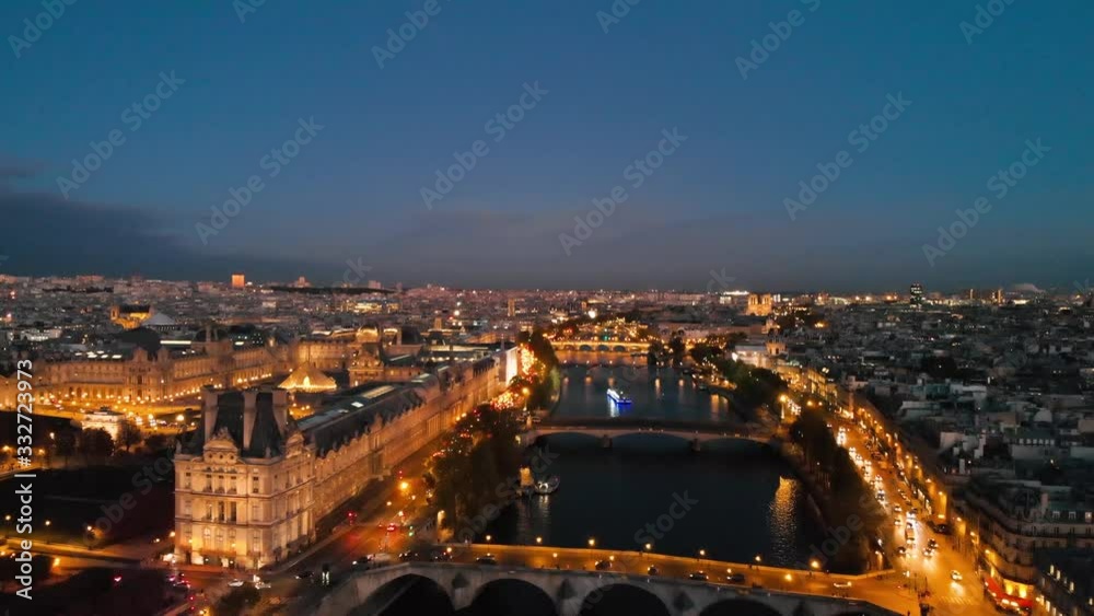 Aerial view of Paris Tour Eiffel Tower, Seine River and Tuileries Garden park at night, Paris city attractions, France 