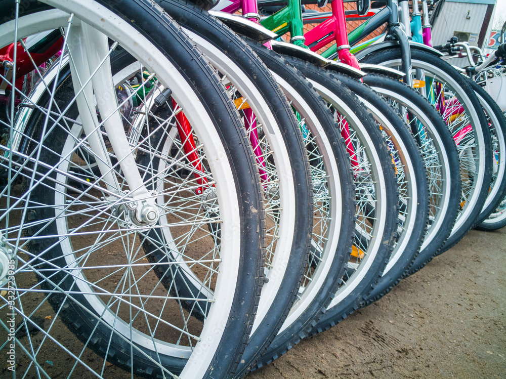 Bicycle wheels are on the market for sale. Bicycle wheels are on the market for sale.