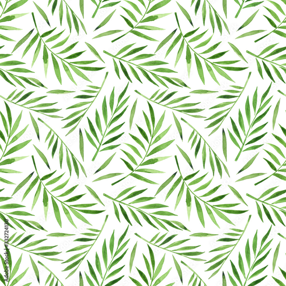 Watercolor summer branches with green leaves illustration foliage pattern