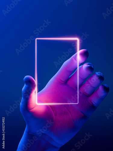 Hand Holding Vertical Neon Frame. Hand Illuminated by Pink, Violet and Blue Neon Lights. 3d rendering photo