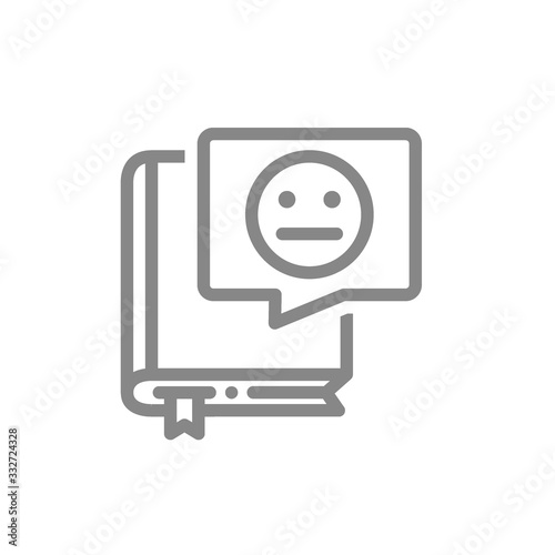 Book with neutral face in speech bubble line icon. Unemotional review, negative feedback symbol