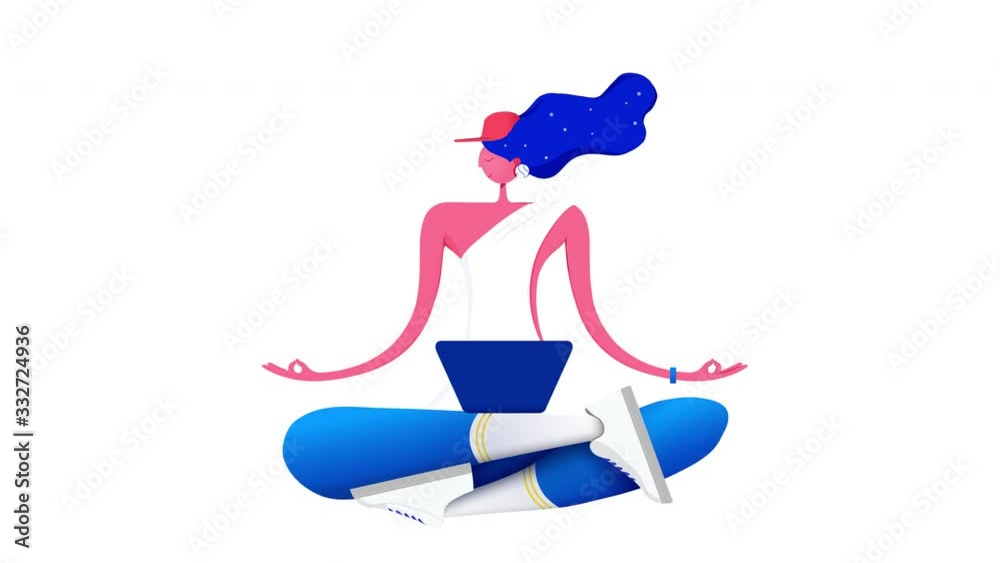 Seamless loop. 4 different color variations of a girl with a laptop, floating in the air in lotus position. 2D flat animation isolated on white background with alpha luma matte 4k. Seamless loop. 4 different color variations of a girl with a laptop, floating in the air in lotus position. 2D flat animation isolated on white background with alpha luma matte 4k.