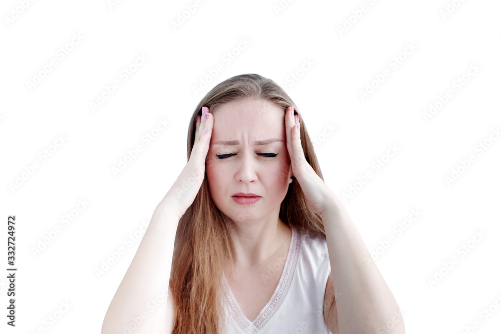 Headshot of young caucasian woman with hard headache or fever or migraine holding her hands on temples near face, isolated on white Headshot of young caucasian woman with hard headache or fever or migraine holding her hands on temples near face, isolated on white