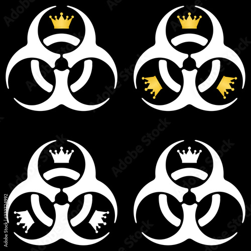 Set emblem coronavirus. Biohazard sign with crown. white with gold crown