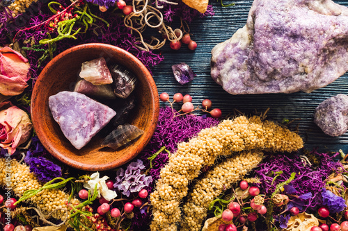 Teak Bowl of Pink and Watermelon Tourmaline with Lepidolite, Amethyst and Dried Spring Flowers and Moss