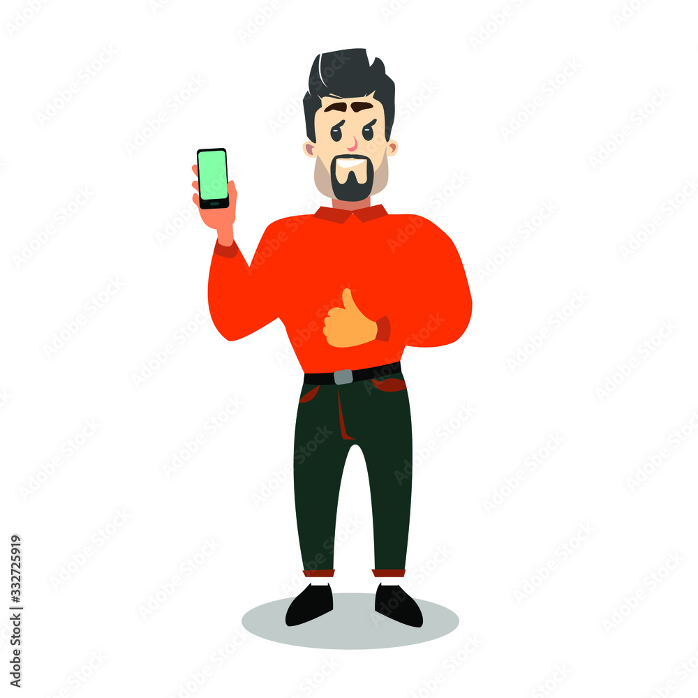 Happy man shows smartphone and gesture cool. Vector illustration in cartoon style