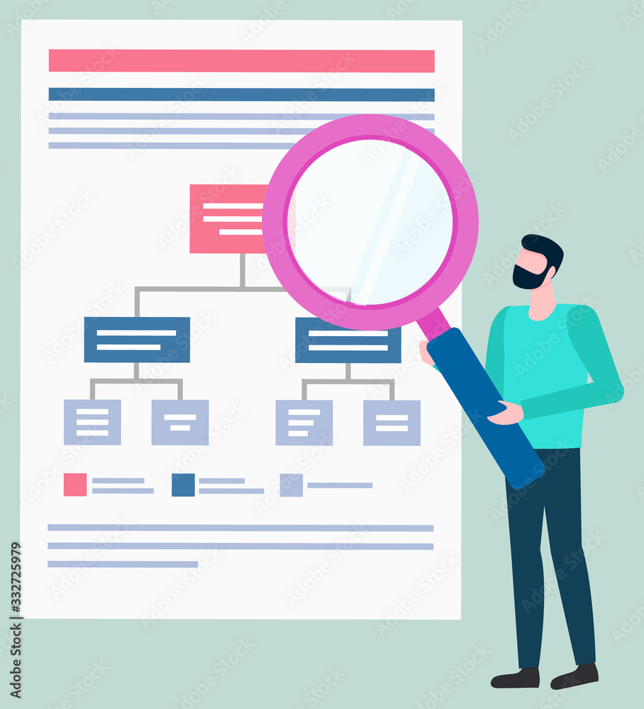 Graphic studying, business statistics infographc or scheme vector. Office worker and graph, presentation and magnifying glass, research and knowledge Graphic studying, business statistics infographc or scheme vector. Office worker and graph, presentation and magnifying glass, research and knowledge