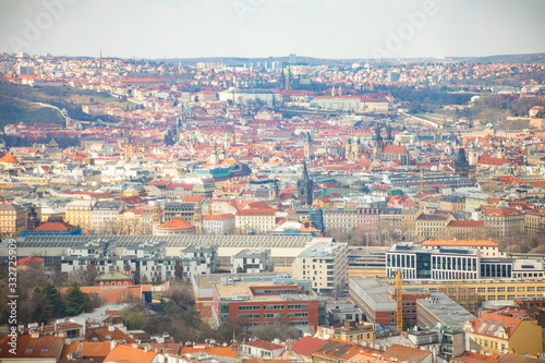 Aerial view of Prague from Zizkov television tower in sunny day in Prague, Czech Republic