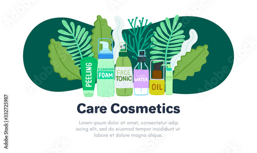 Organic or natural cosmetics. Many jars and bottles with cosmetic names. Facial skin care. Online store. Landing page template. Background is for banner, header, advertising, mailing list. Vector