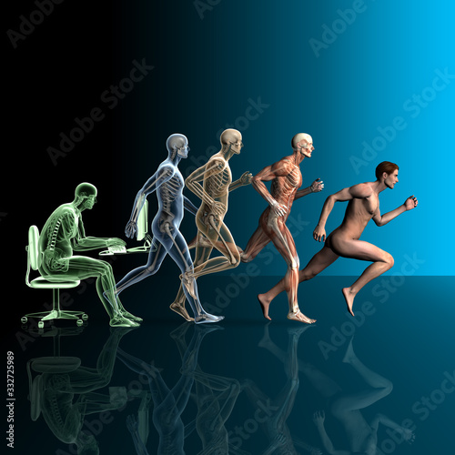 Sitting man and running man with muscles and skeleton, 3D illustration