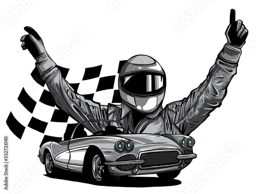 monochromatic vector illustration of a race car driver in front of his car