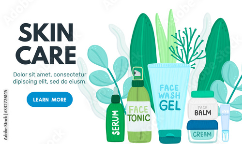 Organic or natural cosmetics. Many jars and bottles with cosmetic names. Facial skin care. Online store. Landing page template. Background is for banner, header, advertising, mailing list. Vector