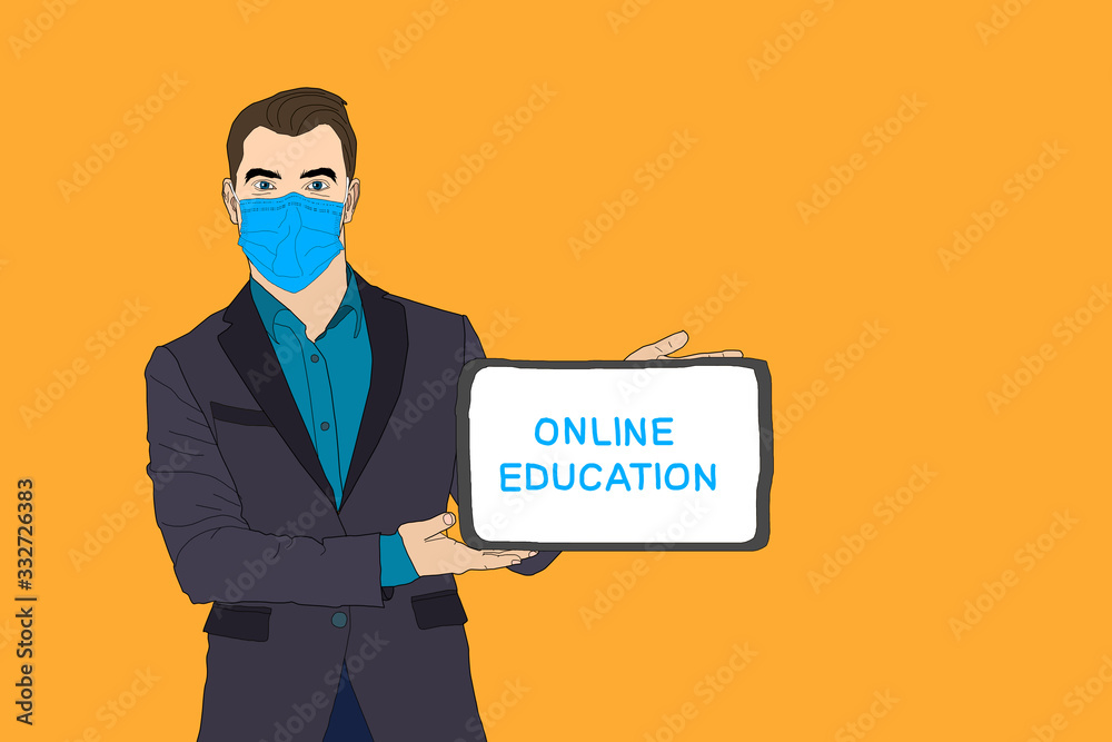 Young handsome man working with computer in a home office. Online education concept. illustration Young handsome man working with computer in a home office. Online education concept. illustration