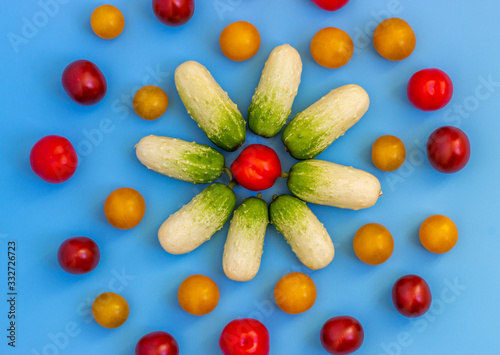 Set fresh vegetables  cucumber  tomatoes on a blue background.  Healthy food concept. Flat lay  top view.