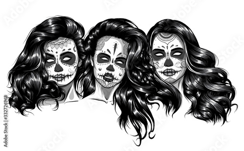 monochromatic woman with sugar skull makeup, day of the dead vector