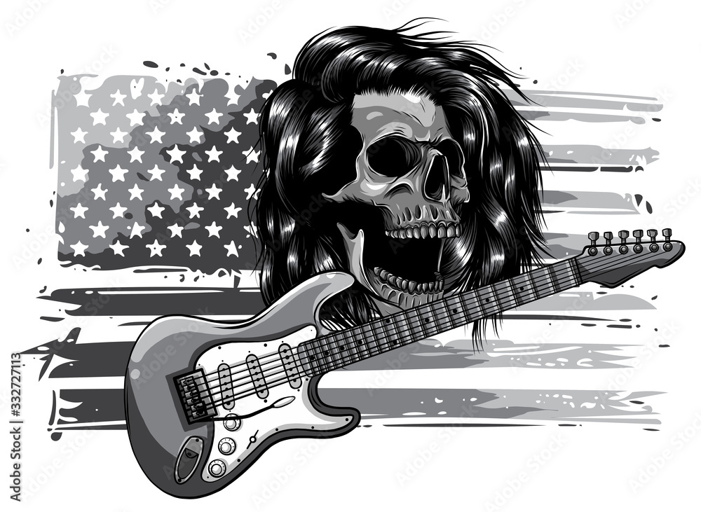 monochromatic Sketch of a guitar with a skull vector Stock Vector ...
