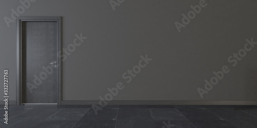 Fototapeta Naklejka Na Ścianę i Meble -  Black wooden door with wall and black stone floor
