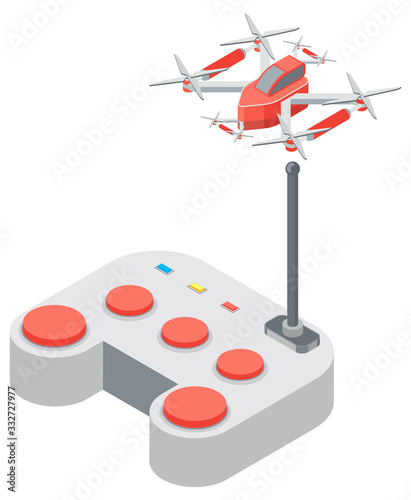 Drone with remote controller, wireless device with propellers, quadcopter symbol, aircraft with remotely radio controlled flying robots, discovery air robot for video and photo, multicopter vector