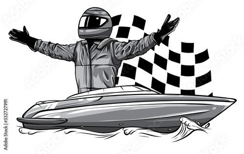 monochromatic Racing boat. Top view. Vector illustration. Applique with realistic shadows.