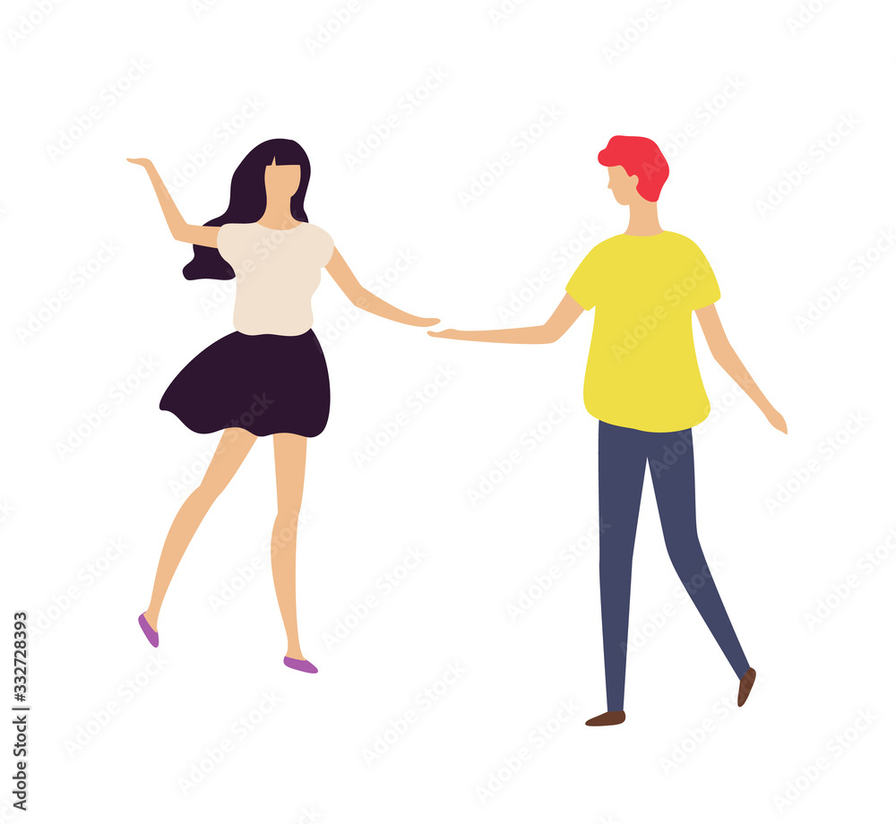 People performing dancing concert vector, man and woman dancing together in club flat style. Isolated pair smiling and moving, disco dancers clubbing