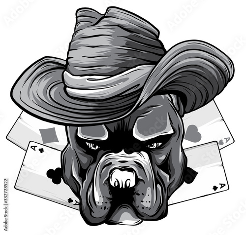 monochromatic playing cards and bulldog head vector illustration design