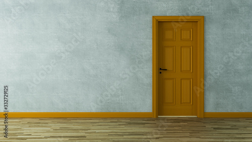 Orange wooden door with concrete wall and wooden parquet floor