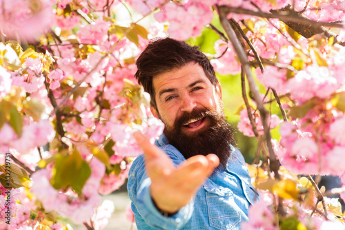 come with me. Handsome smiling bearded man outdoors. Happy easter. brutal mature hipster in cherry bloom. bearded man enjoy sakura blossom. New Life. Forever young and free. Enjoying spring wind