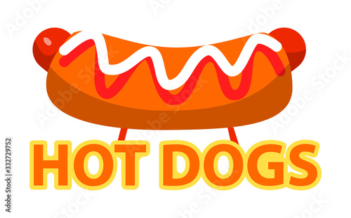 Delicious vector hot dog, meal with ketchup and mayonnaise. Sausage with bun, bread and sauces, american traditional fast, junk food illustration. Unhealthy snack isolated on white background