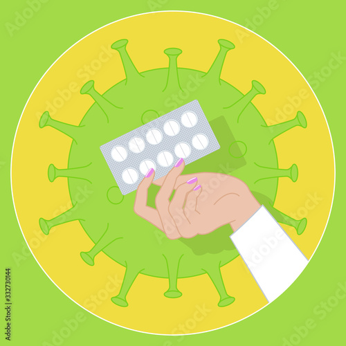 Doctor's hand holds antiviral pills in front of virus. Vector illustration of coronavirus COVID-19.