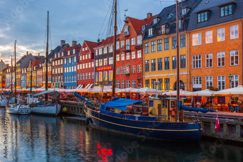 Beautiful Nyhavn at night in Copenhagen city in Denmark