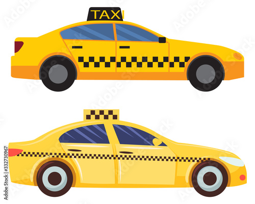 Fototapeta Naklejka Na Ścianę i Meble -  Transportation in city vector, isolated set of yellow cab taxi with sign and squared prints. Automotive service, transport. Vehicle for communication and connection in town illustration in flat style