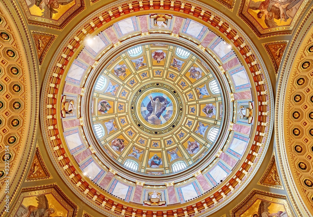 Budapest, Hungary, 21 April 2019.View inside the Basilica of Sant Istvan(Stephen), . Painted and decorated dome vault.