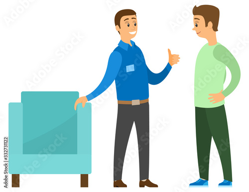 Man in furniture store vector, isolated people in shop. Consultant showing armchair to customer. Male wearing uniform and badge, salesperson flat style