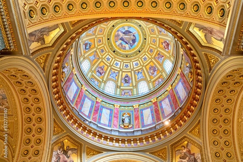 Budapest, Hungary, 21 April 2019.View inside the Basilica of Sant Istvan(Stephen), . Painted and decorated dome vault. 