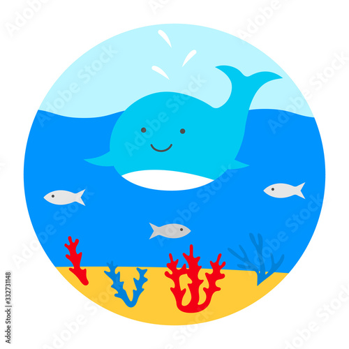 Sea  whale  fish  corals  water  sand. Vector illustration. 