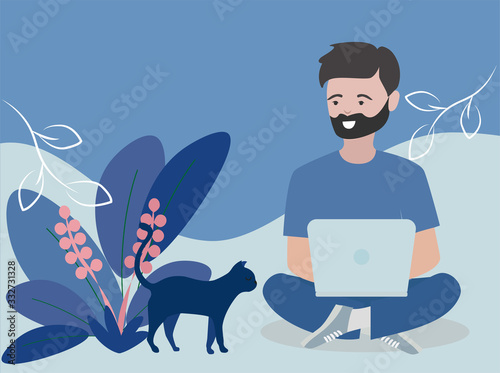 Home office concept  vector. Young man working on computer . Modern minimalist design.