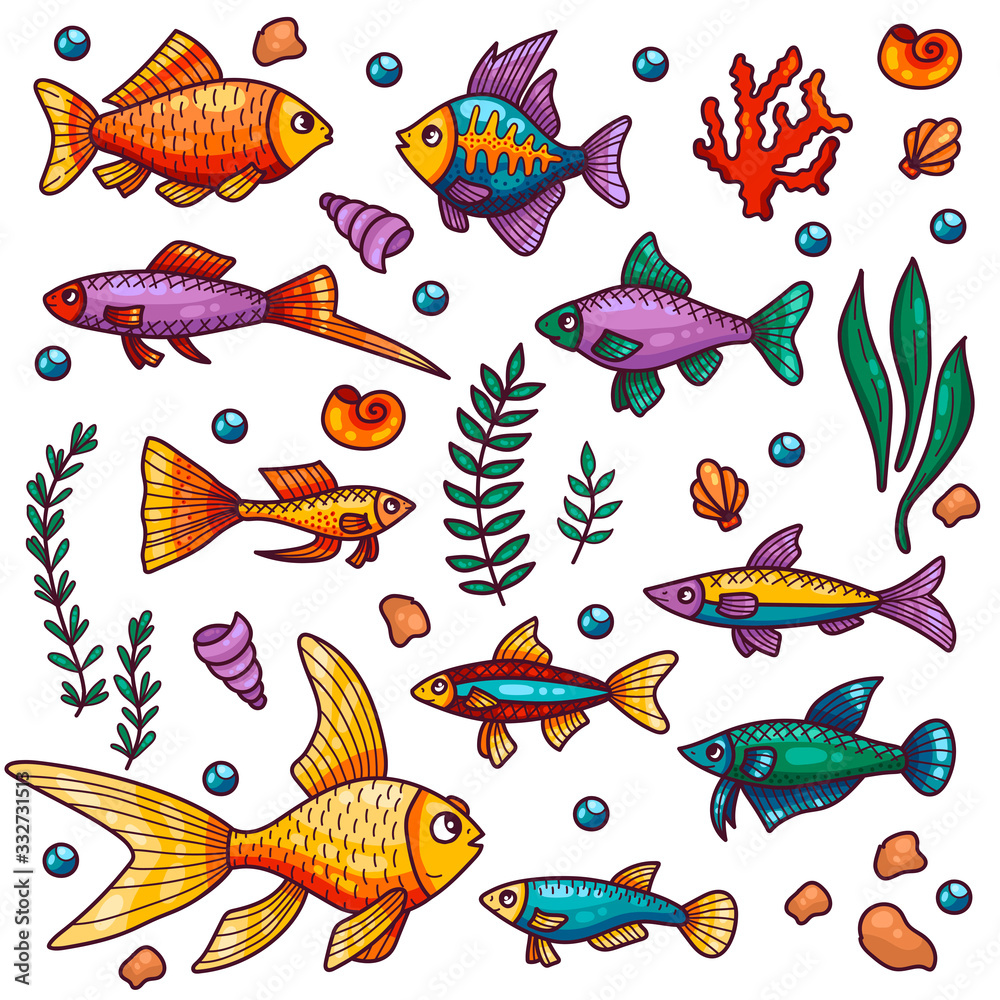 Fish marine plants cartoon colorful icons set