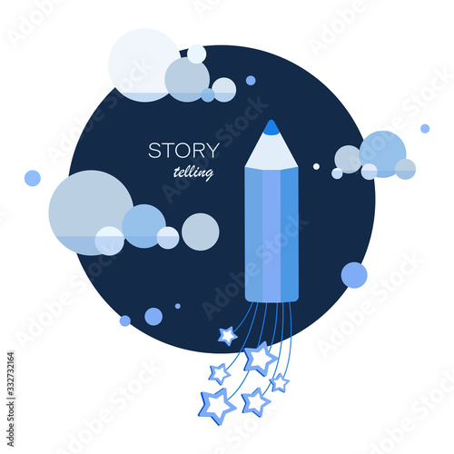 Story telling. Kids vector emblem, icon. Story time, fantasy stories with space pencil, stars and clouds. Creative writing, storytelling concept. Design for children's t-shirt, notebook cover, album.