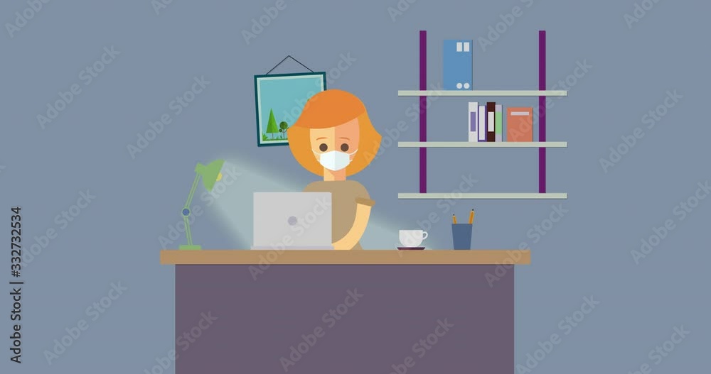 A quarantined worker sits at a computer and types on the keyboard