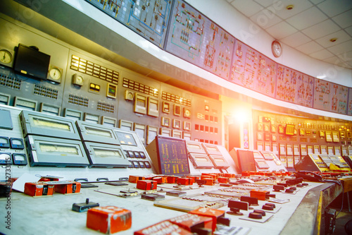 Control panel at a nuclear power plant. Close-up. photo