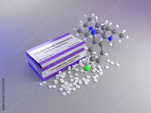 Chloroquine box, chloroquine tablets and chloroquine molecular structure photo