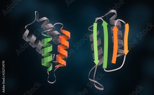 3D Illustration Rendering. Prions, Prion, Protein mutation before and after. Biotechnology concept of Mad Cow, Illness of medical structure, bioinformatics medical design. On blue photo