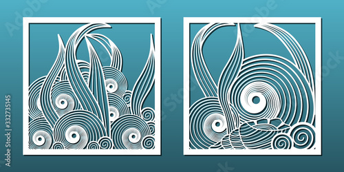 Laser cut yemplates for wood or metal cutting, paper art, panel decor, cnc stencil,  Abstractpattern, underwater world design with sea shells. Vector illustration